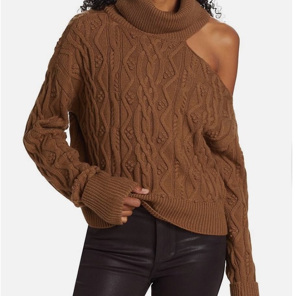 Paige x Anthropologie Raundi Cable Knit M Brown Red Cropped OffShoulder Pullover - Picture 5 of 13
